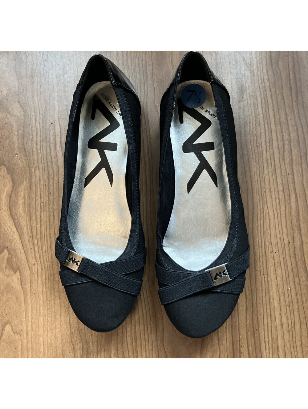 Anne Klein Sport Black Textile Ballet Flats Women's 6.5 Slip-On Round Toe Logo